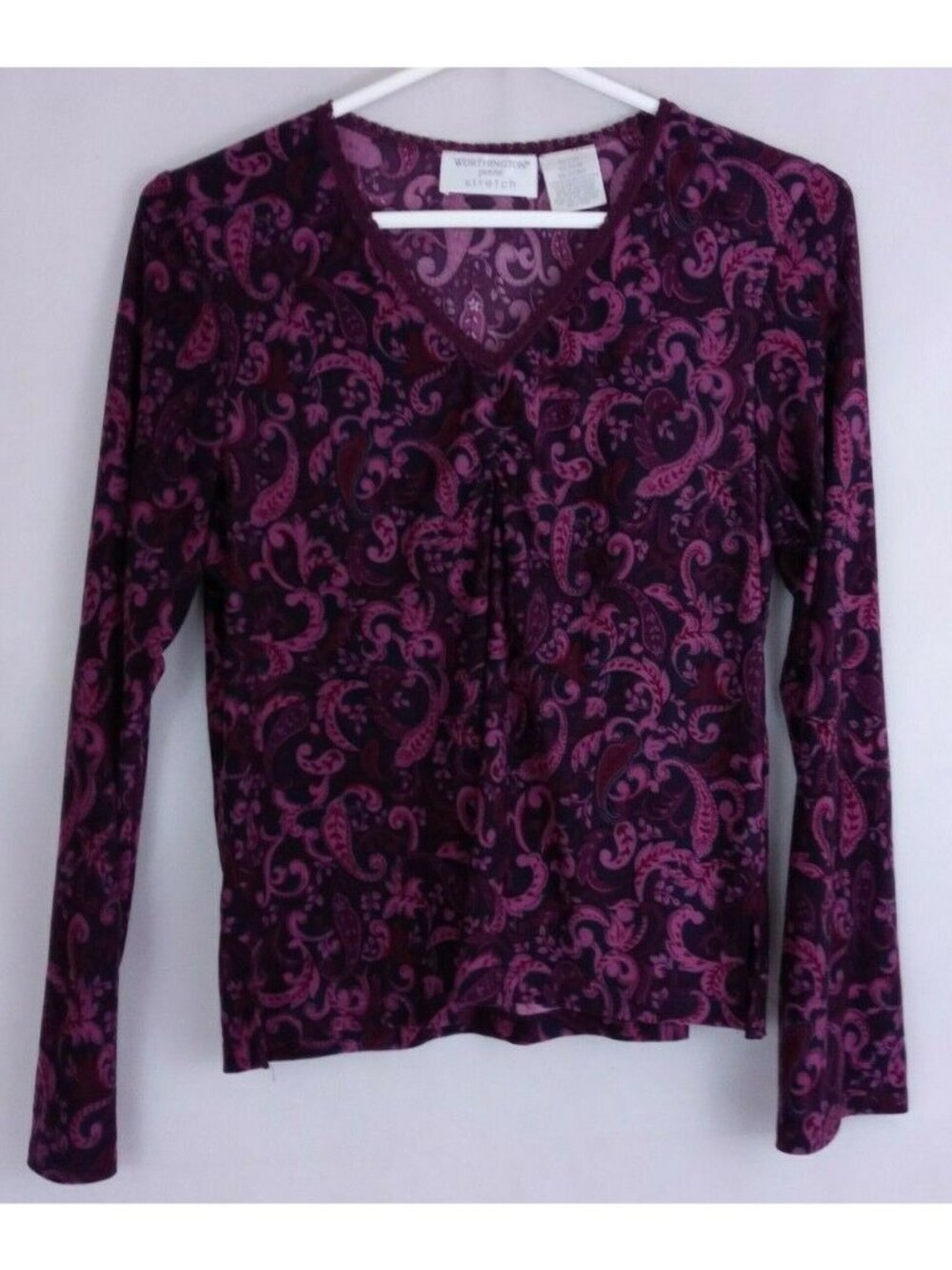 Worthington Petite Stretch Pink & Purple Floral Paisley Blouse Size PM